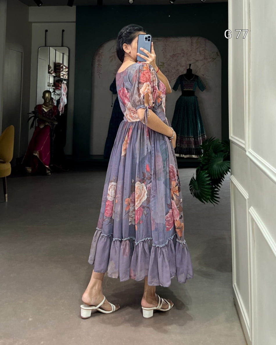 Floral Printed Georgette Frock – G 77 Gray