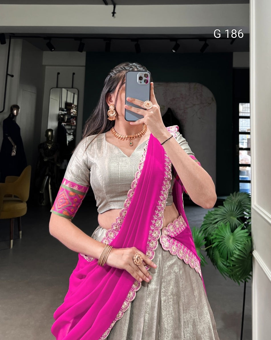 Gray Jacquard Silk Lehenga with Ikkat Kanjivaram Weaving – G 186 Gray