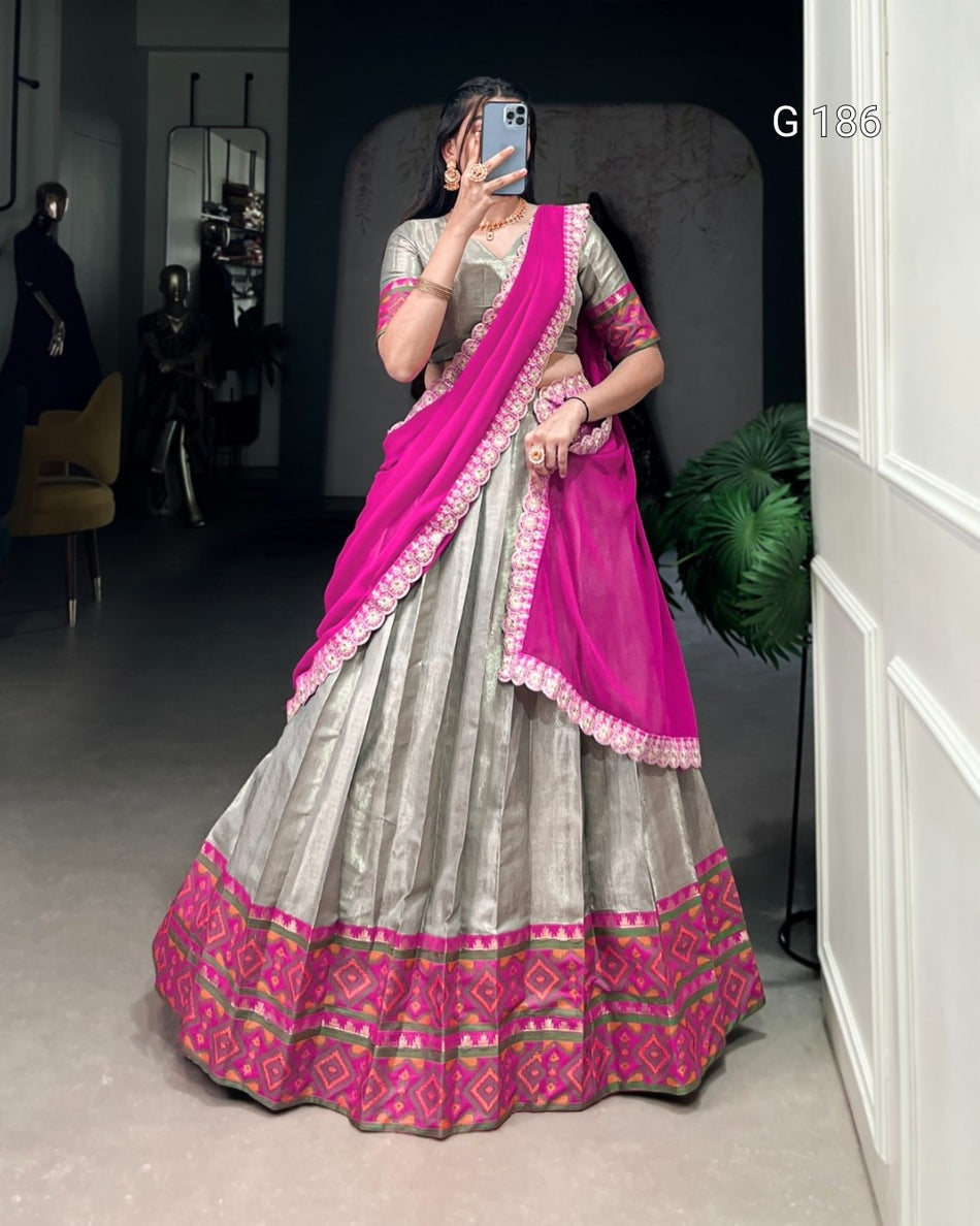 Gray Jacquard Silk Lehenga with Ikkat Kanjivaram Weaving – G 186 Gray