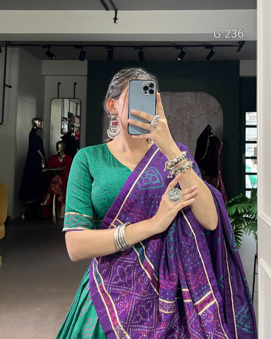 Bandhej Print Tasar Silk Lehenga with Gotta Patti Lace – G 236 Green