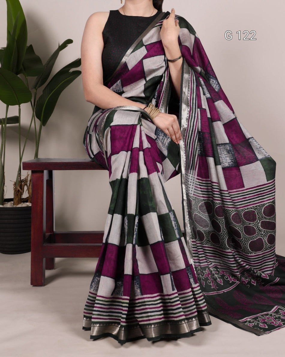 Printed Polyester Viscose Chanderi Saree with Temple Border – G 122