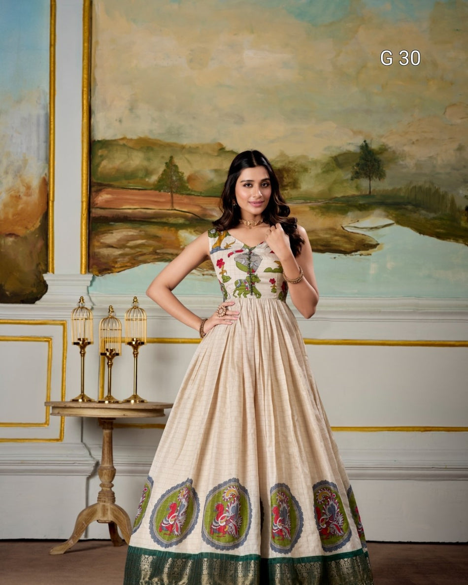 Green Dola Silk Gown with Kalamkari Print & Zari Weaving Border – G 30 Green