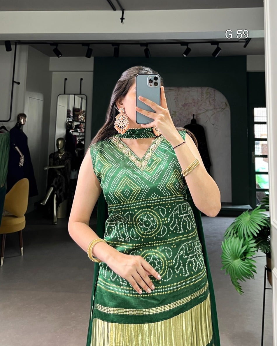 Gaji Silk Top with Printed Handwork & Georgette Plazo – G 59 Green