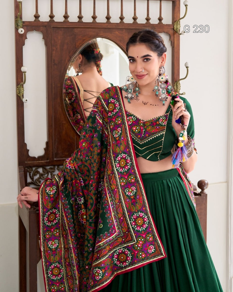 Gamthi Print Tasar Silk Lehenga with Embossed Design & Gotta Patti Lace – G 230 Green
