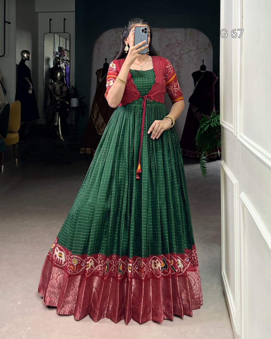 Tasar Chex Gown with Patola Print & Weaving Work Border – G 67 Green