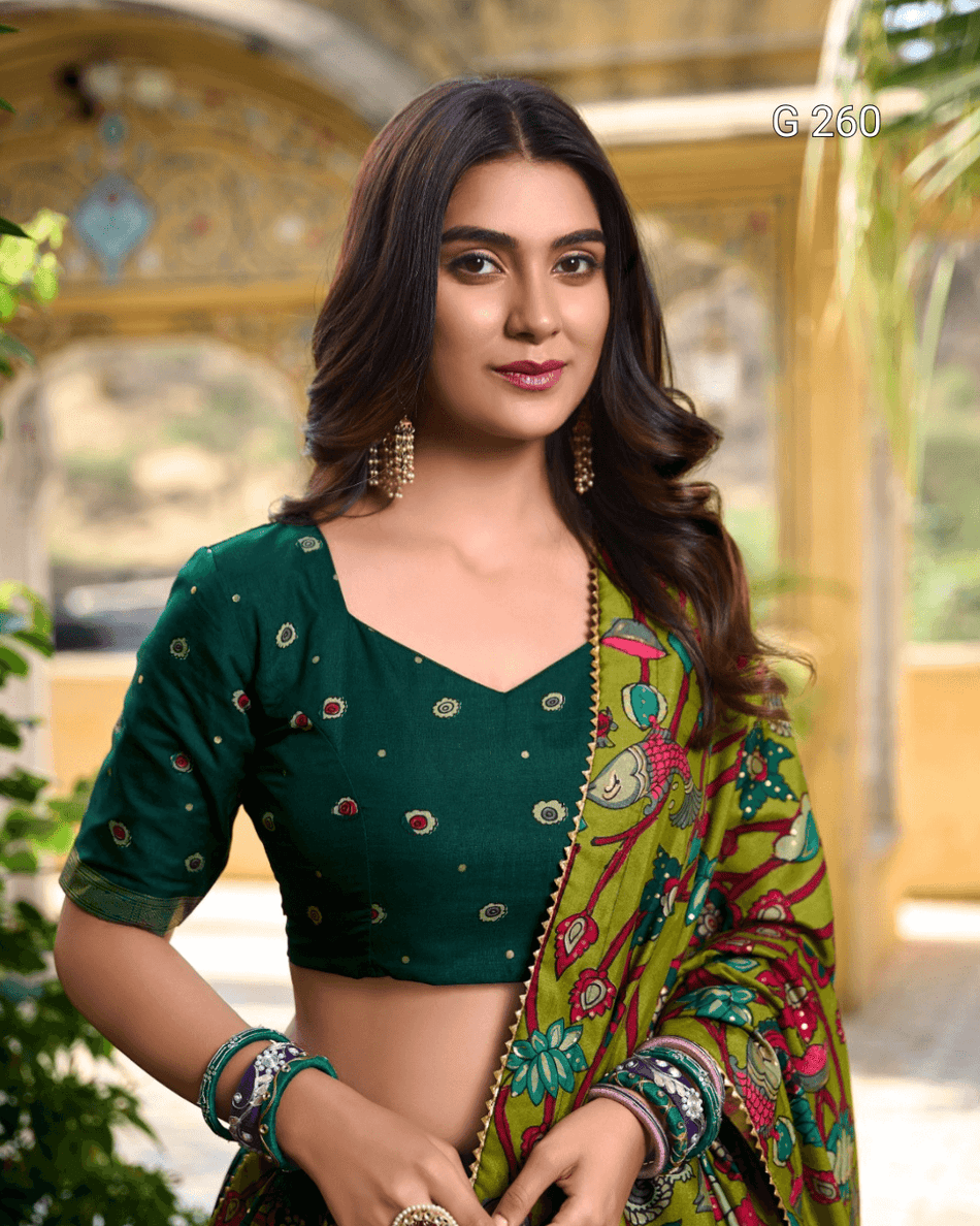 Kalamkari Print Tasar Silk Lehenga with Foil Work Border – G 261 Green