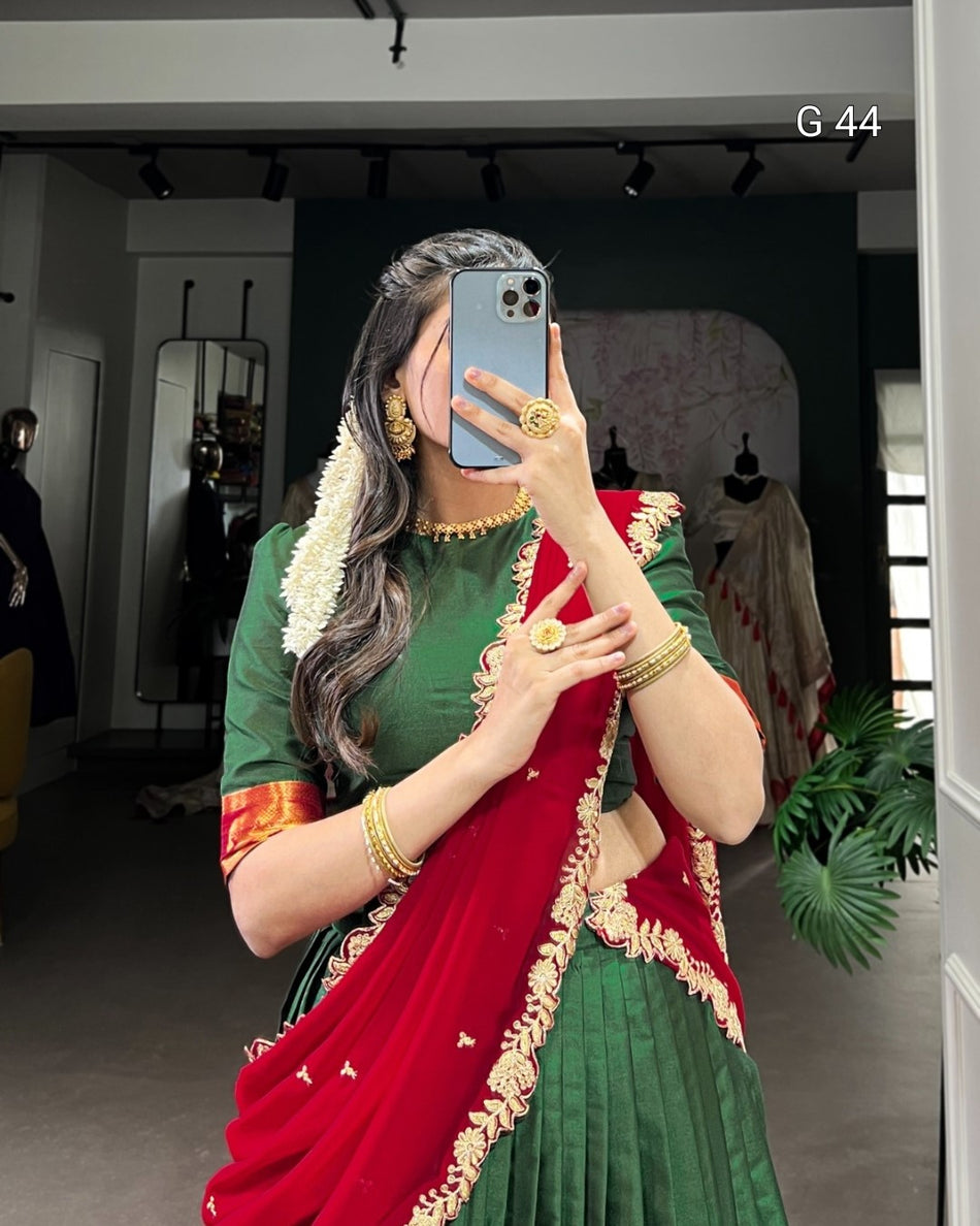 Green Narayan Pattu Lehenga with Zari Weaving Work – Stitched Blouse with Sequins Embroidery Dupatta - G 44 Green