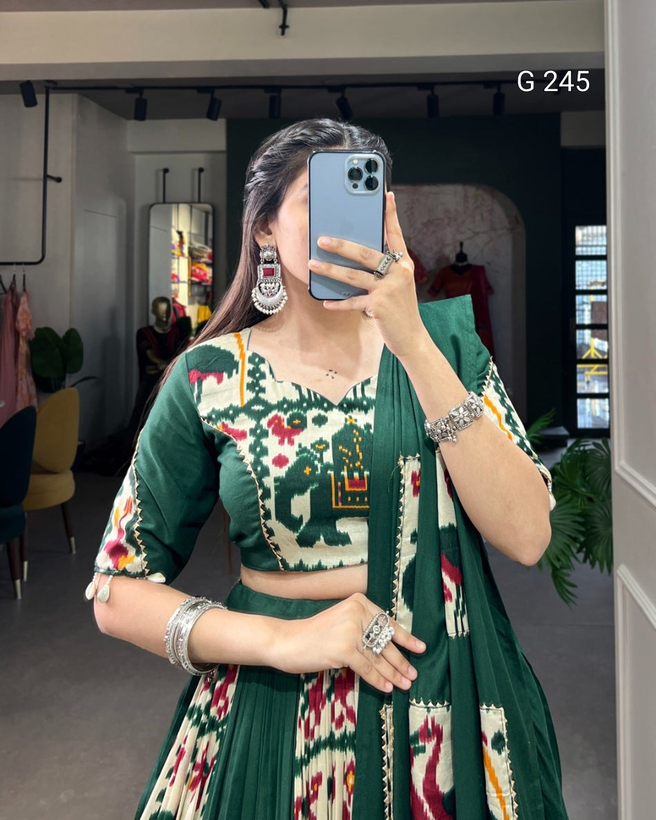 Plain and Printed Rayon Lehenga with Gota Patti & Cowrie Lace – G 245 Green