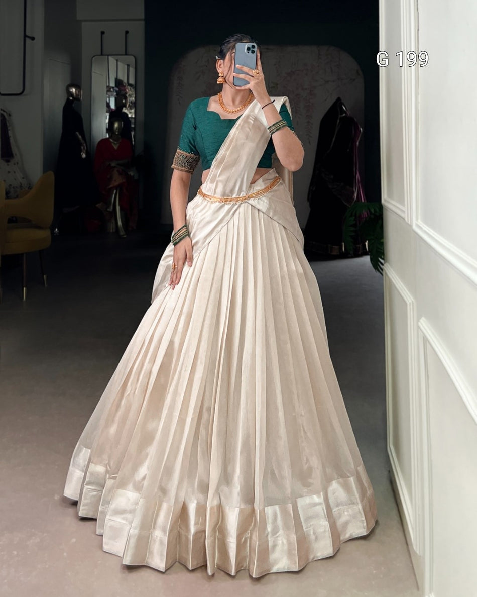 Green Poly Tasar Lehenga with Viscose Border and Bead Work – G 199 Green