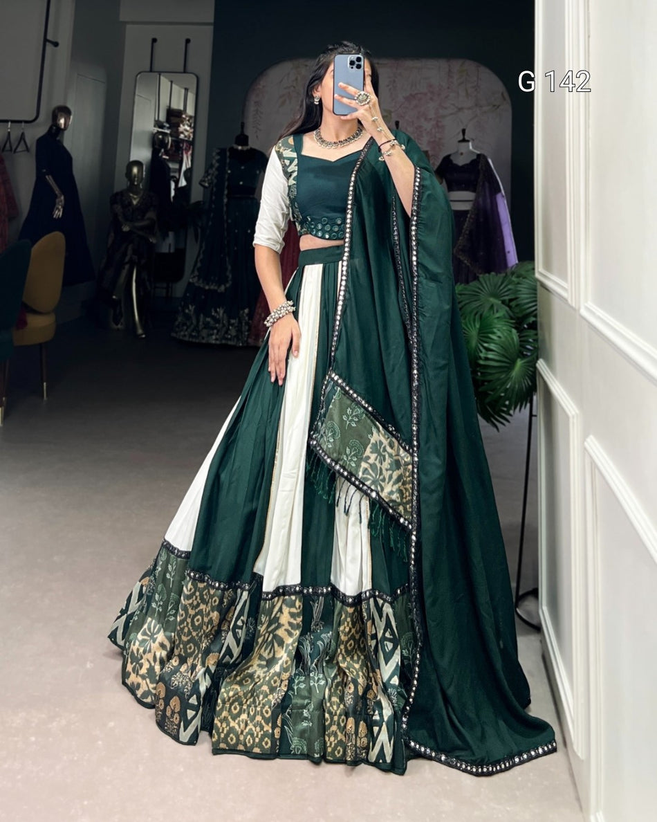 Green Pure Rayon Lehenga with Paper Mirror Work & Gota Patti Touch Up – Elegant Bridal Lehenga Set-G 142 Green