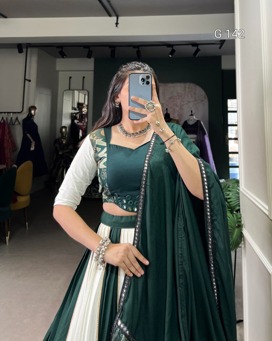 Green Pure Rayon Lehenga with Paper Mirror Work & Gota Patti Touch Up – Elegant Bridal Lehenga Set-G 142 Green