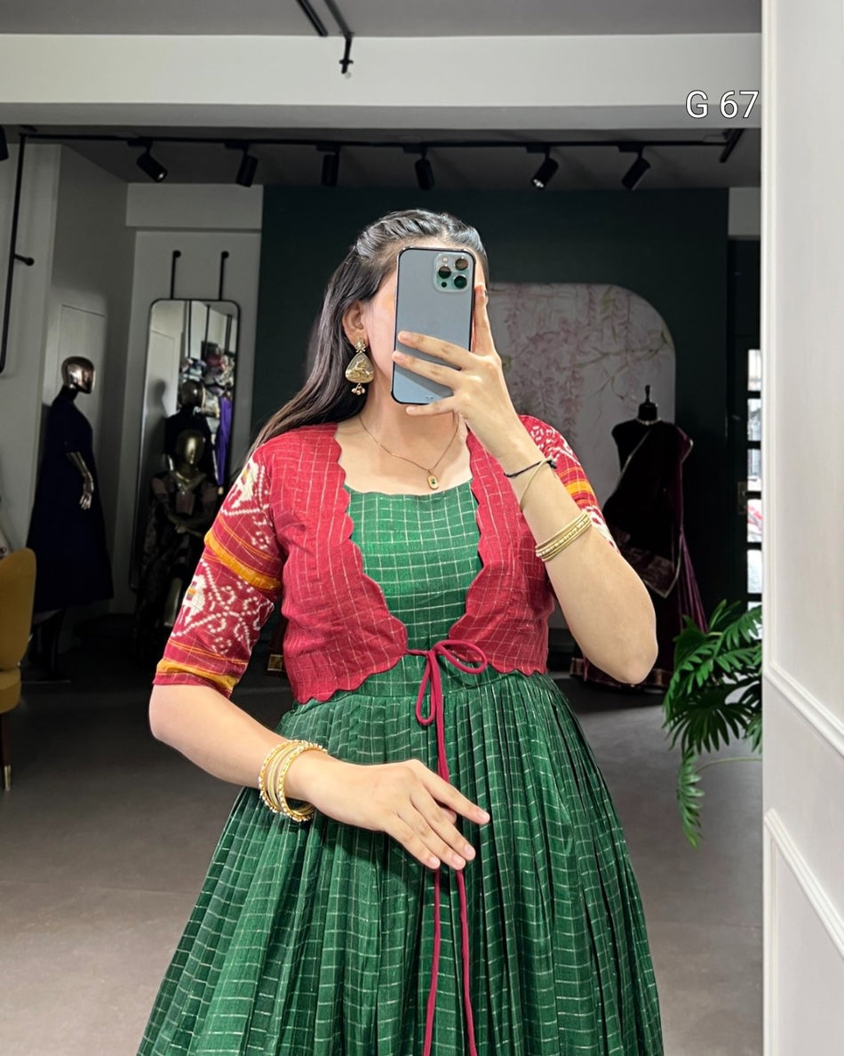 Tasar Chex Gown with Patola Print & Weaving Work Border – G 67 Green