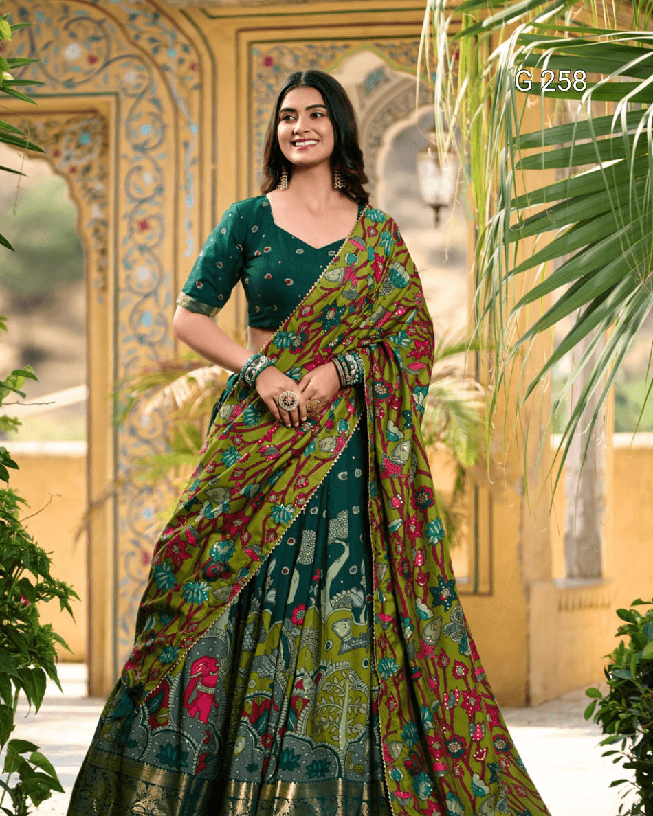 Kalamkari Print Tasar Silk Lehenga with Foil Work Border – G 261