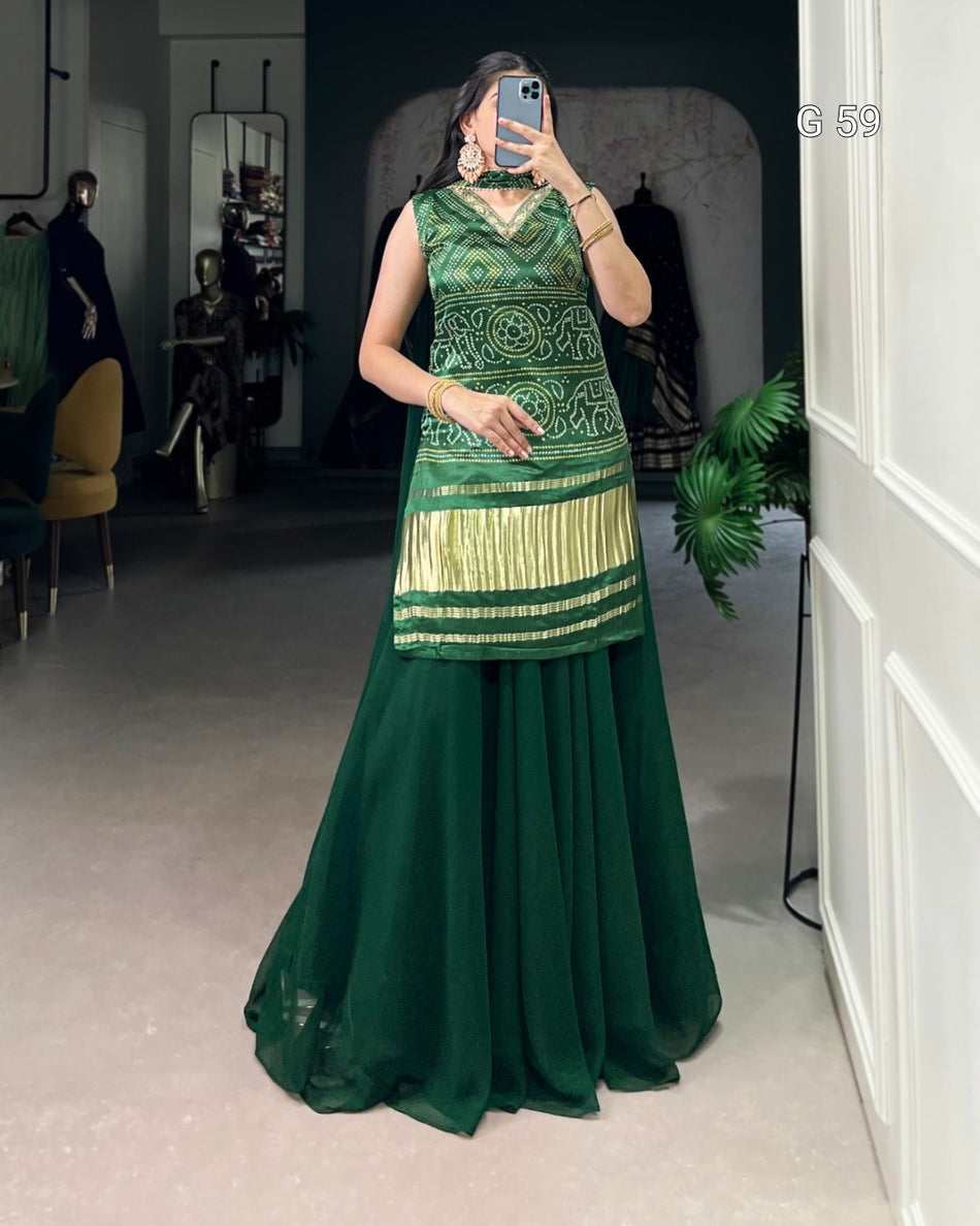 Gaji Silk Top with Printed Handwork & Georgette Plazo – G 59 Green