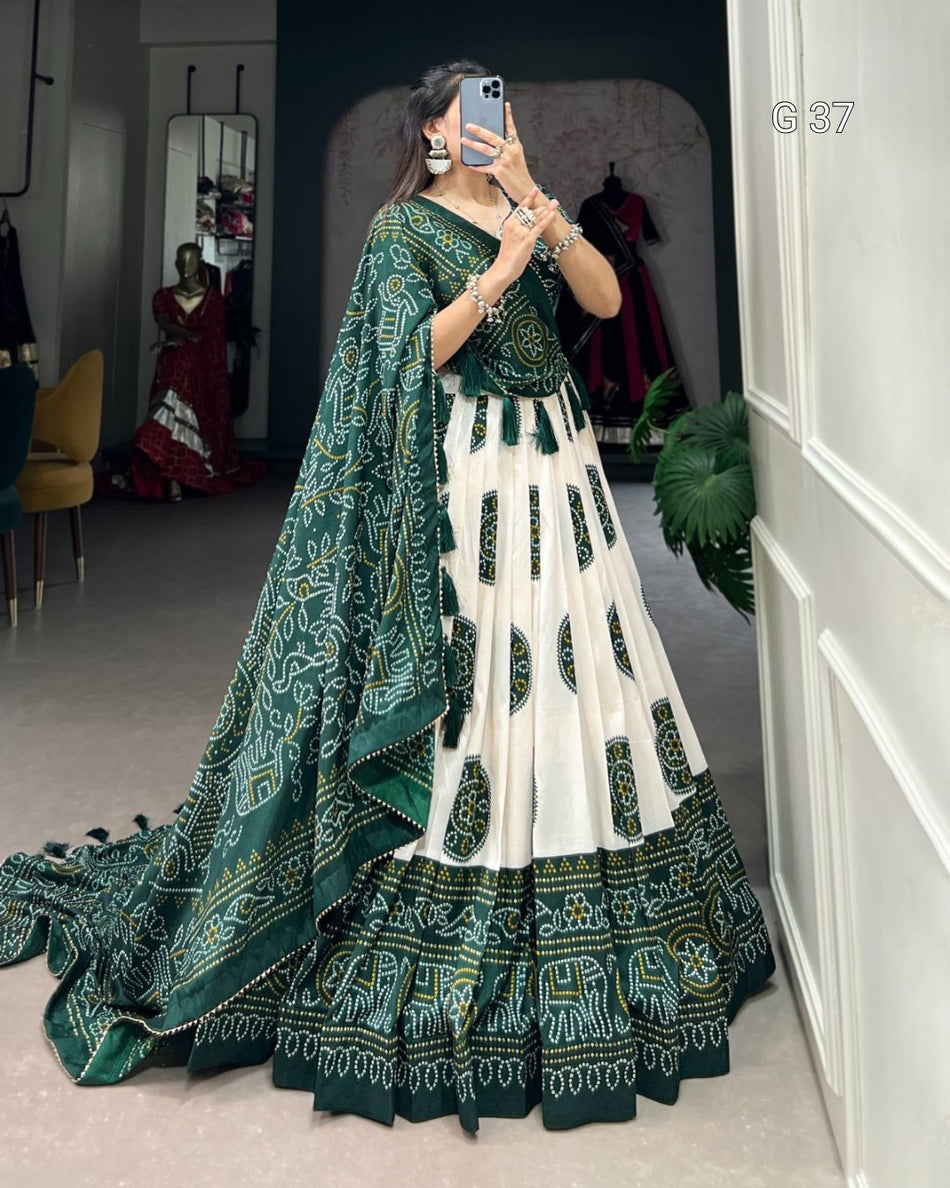Tussar Silk Bandhej Print Lehenga with Gotta Patti Lace Border & Tassels – G 37 Green