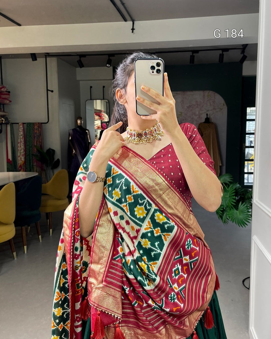 Green Tussar Silk Lehenga with Patola Print & Foil Work – G 184 Green