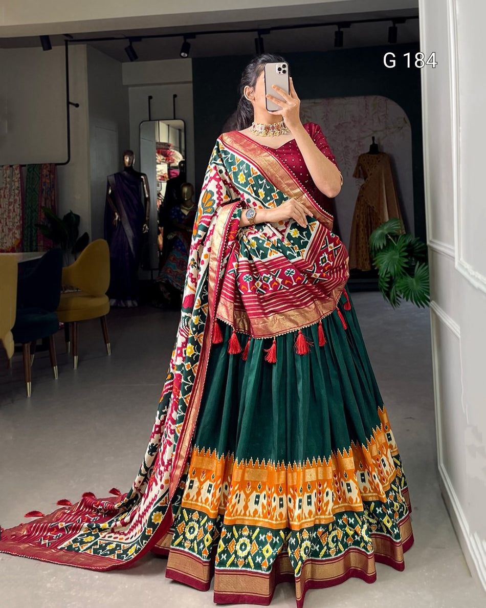 Green Tussar Silk Lehenga with Patola Print & Foil Work – G 184 Green