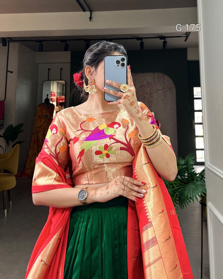 Green Vichitra Silk Lehenga with Paithani Lace Border and Zari Weaving Dupatta – G 175 Green