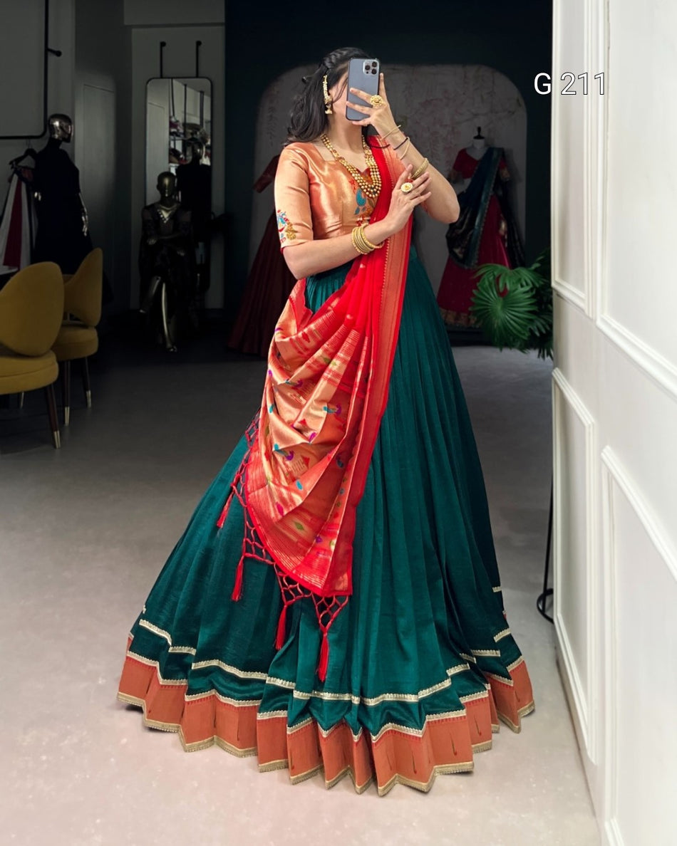 Zari Weaving Vichitra Silk Lehenga with Lace Border – G 211 Green