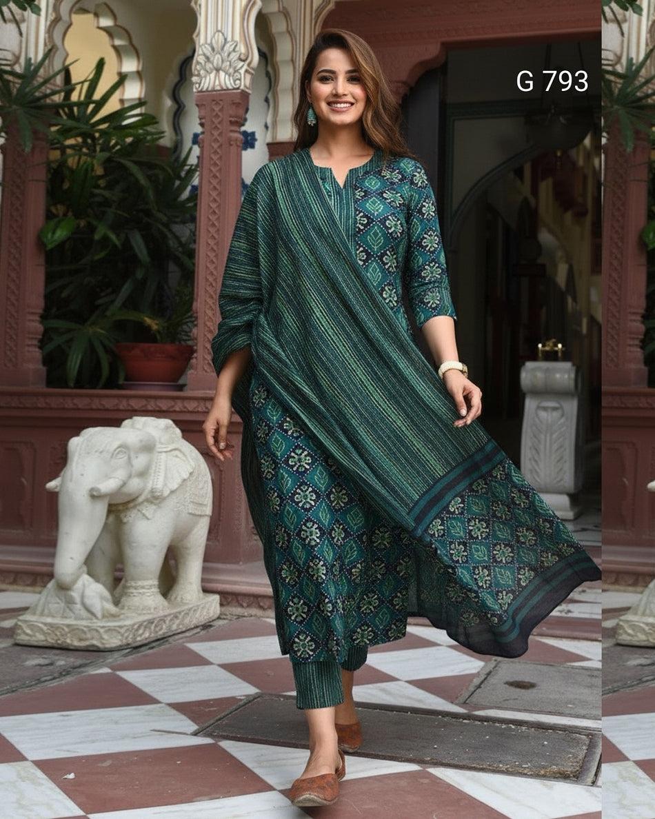 Elegant Printed Rayon Kurti Pant Dupatta Collection G 793