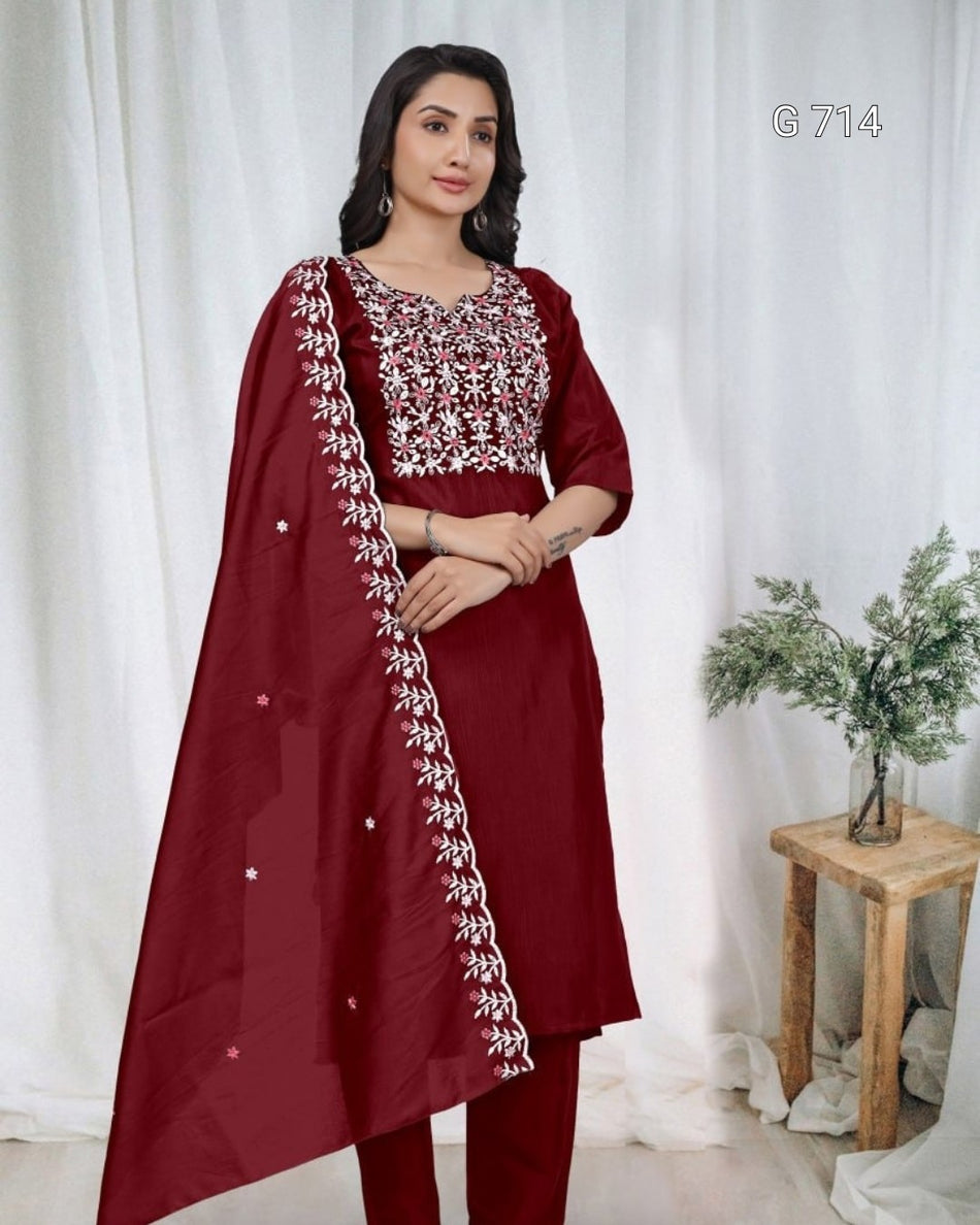 Trendy Embroidered Kurta Set with Elegant Appea G 714