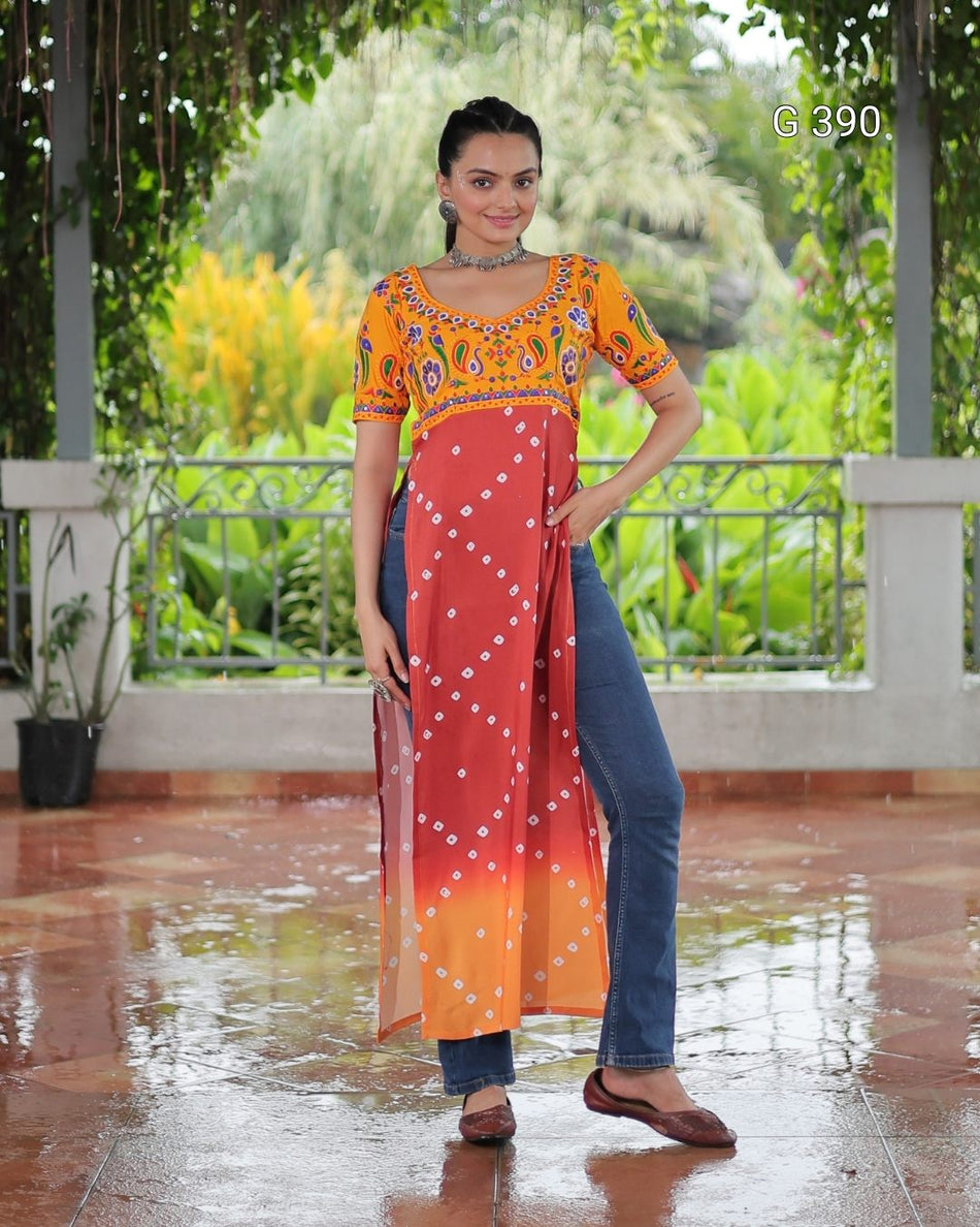 Printed Reyon Kurti with Kutchi Gamthi Work – G 390