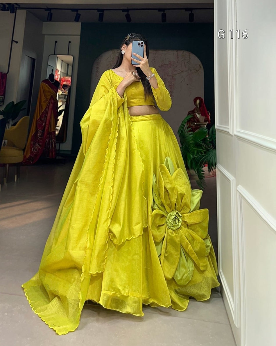 Rajwadi Chanderi Silk Lehenga with Handmade Flower Work – G 116 Parrot