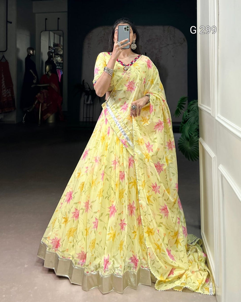 Floral Print Tabby Silk Lehenga with Lace & Mirror Work – G 299