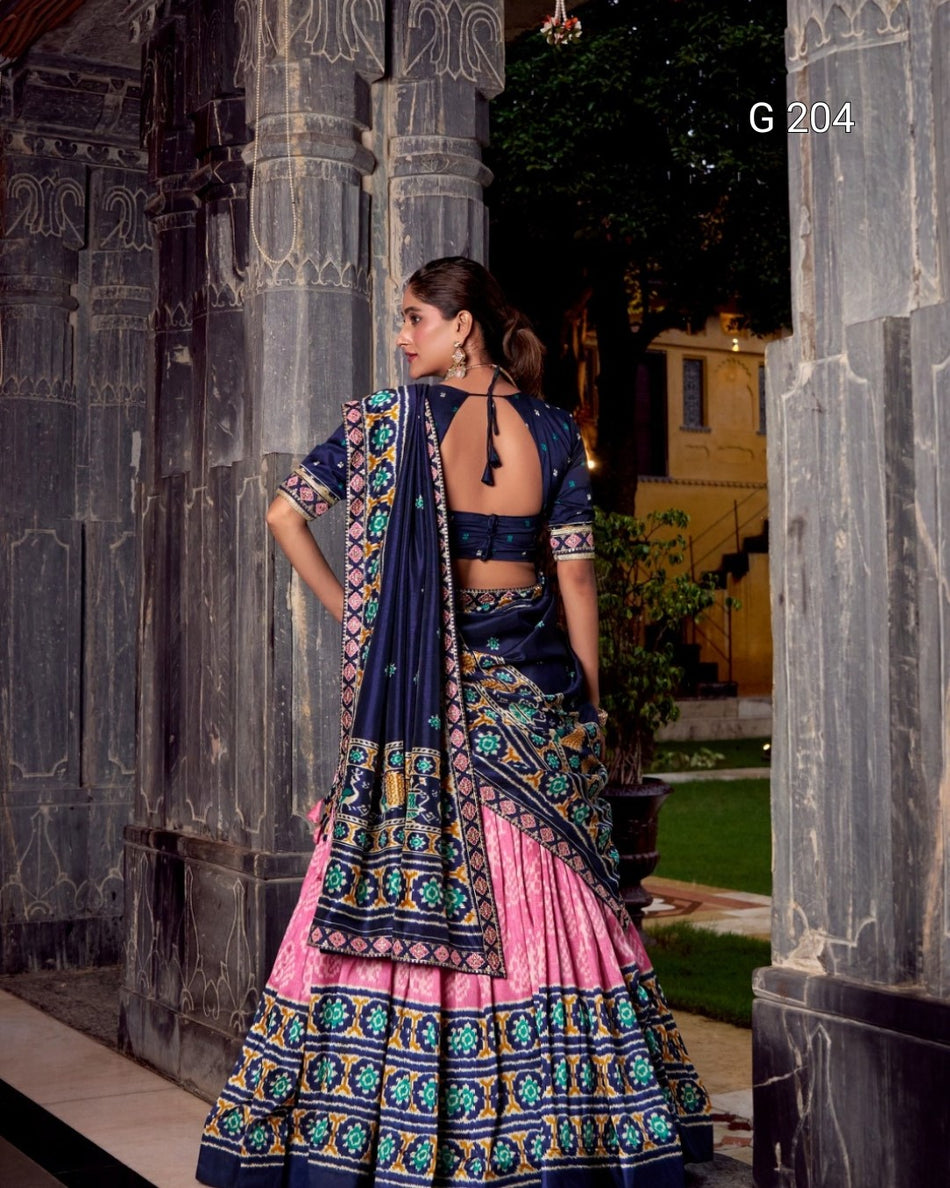 Ikkat Print Tasar Silk Lehenga with Sequins and Thread Embroidery Lace Blouse – G 204 Light Pink