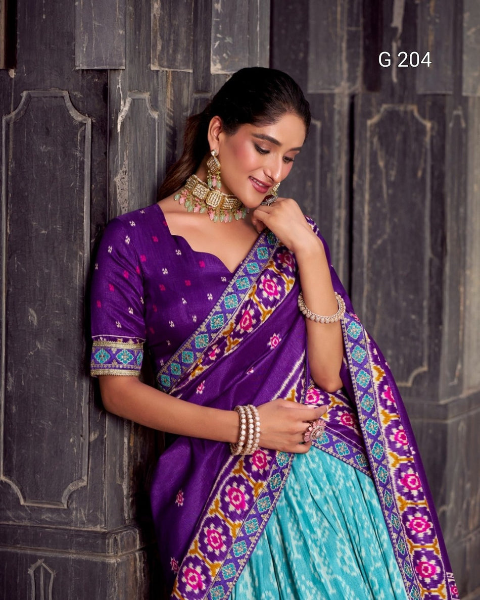 Ikkat Print Tasar Silk Lehenga with Sequins and Thread Embroidery Lace Blouse – G 204 Sky Blue