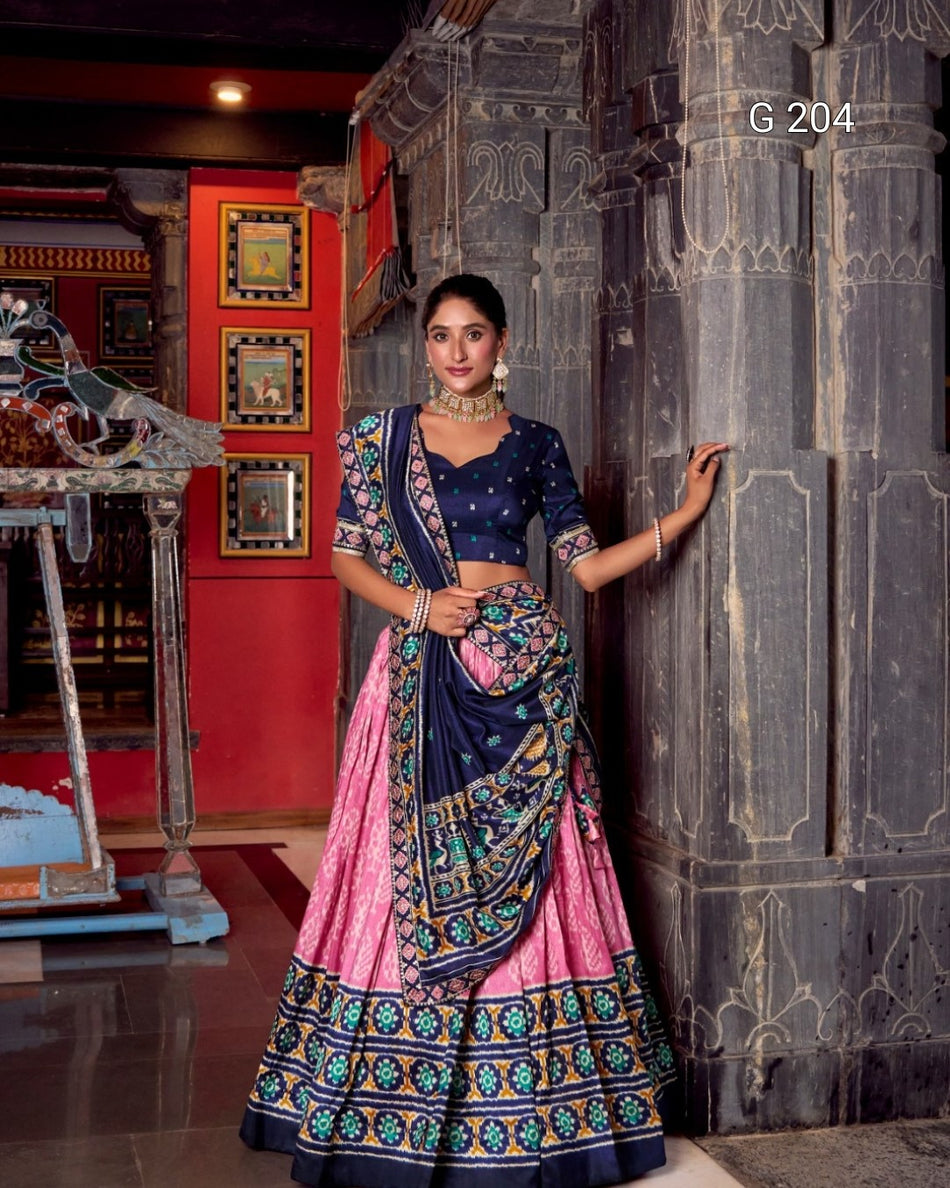 Ikkat Print Tasar Silk Lehenga with Sequins and Thread Embroidery Lace Blouse – G 204 Light Pink