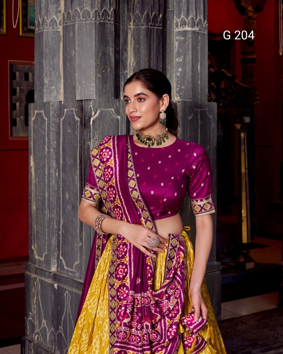 Ikkat Print Tasar Silk Lehenga with Sequins & Thread Embroidery Lace Blouse – G 204 Mustard