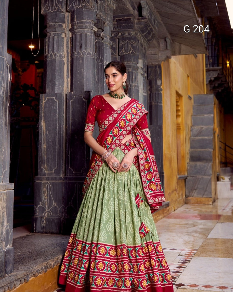 Ikkat Print Tasar Silk Lehenga with Sequins & Thread Embroidery Lace Blouse – G 204