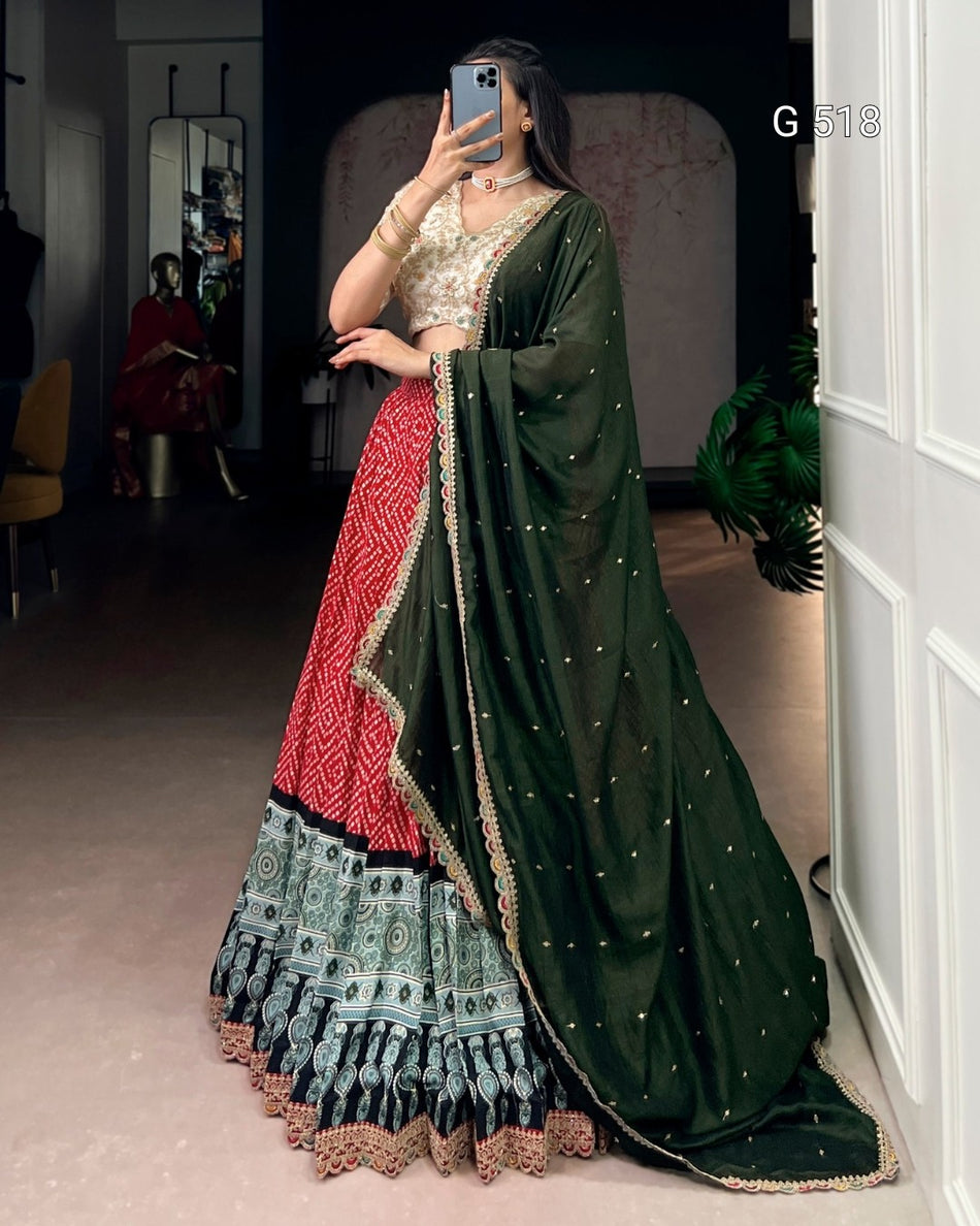 Elegant Bandhej Ajrakh Lehenga with Thread Embroidery - G 518 Red
