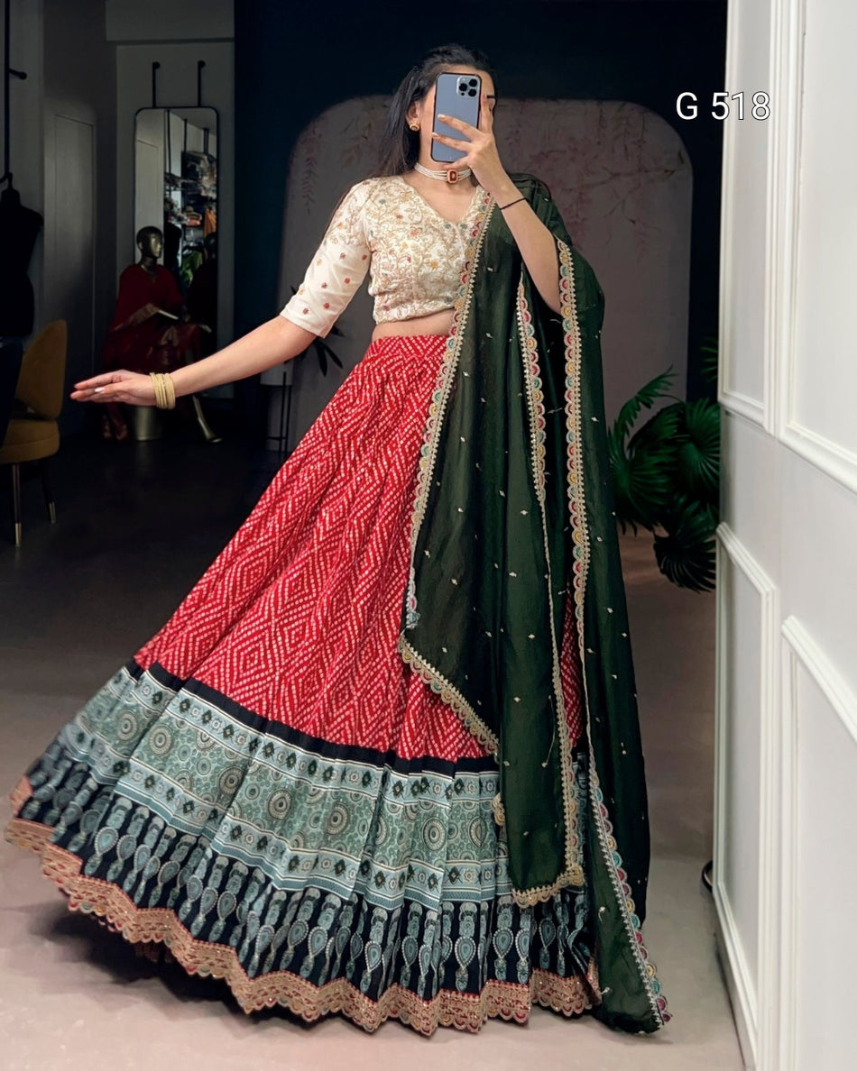 Elegant Bandhej Ajrakh Lehenga with Thread Embroidery - G 518 Red
