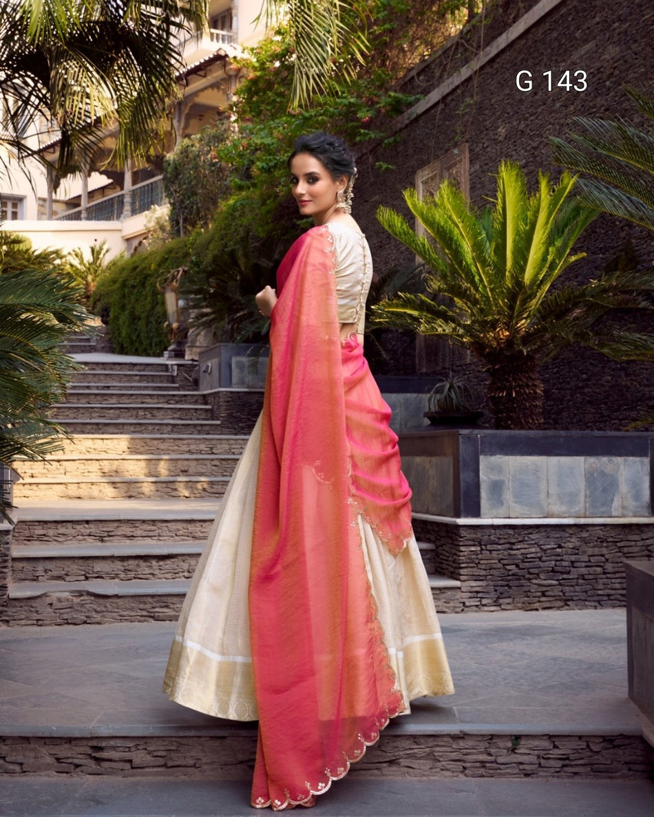 Off White Jacquard Chex Lehenga with Zari Weaving Work & Sequins Dupatta – Bridal Lehenga Set-G 143 Off White