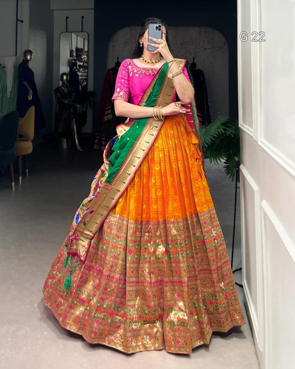 Orange Jacquard Lehenga with Zari Weaving Work – G 22 Orange