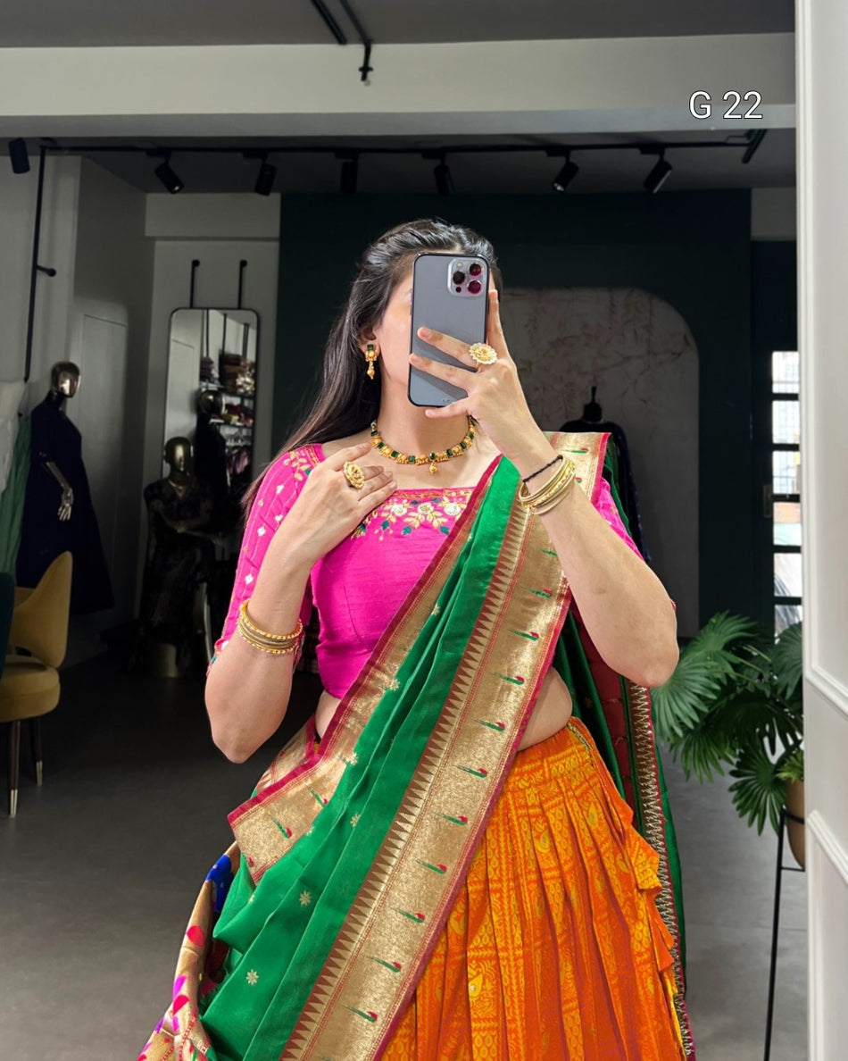 Orange Jacquard Lehenga with Zari Weaving Work – G 22 Orange