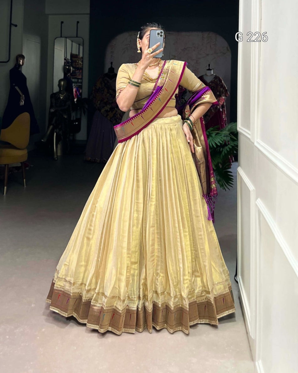 Plain Erode Lehenga with Paithani Lace Border & Jacquard Silk Dupatta – G 226 Cream