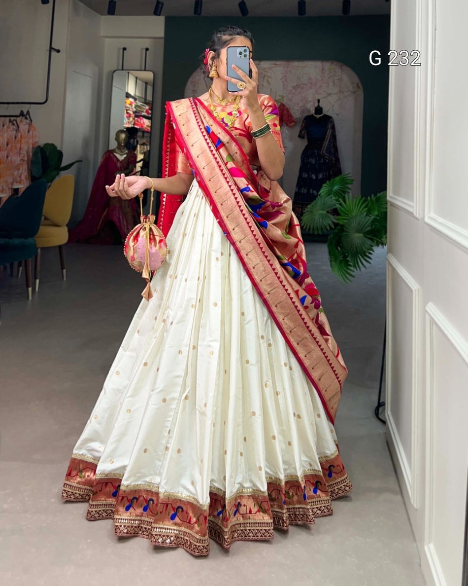 Paithani Jacquard Silk Lehenga with Zari Weaving Work & Tassels – G 232 White