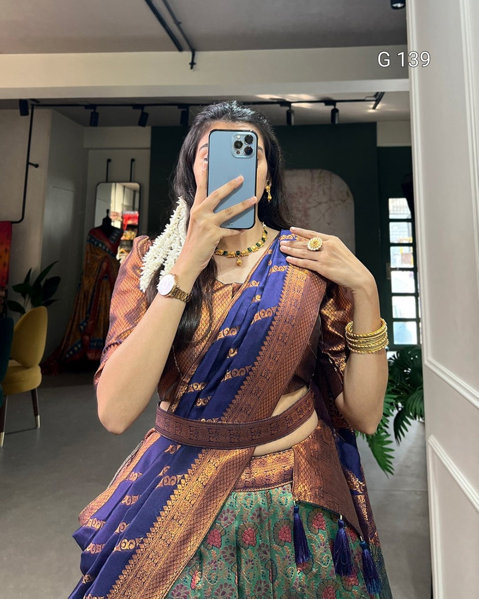 Navy Blue Jacquard Silk Lehenga with Zari Weaving Work & Tassel Dupatta-G 139 Navy Blue