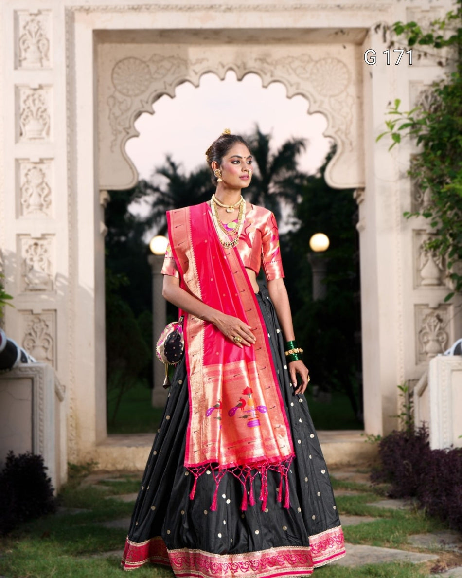 Black Jacquard Silk Paithani Lehenga with Zari Weaving & Handmade Tassels – G 171