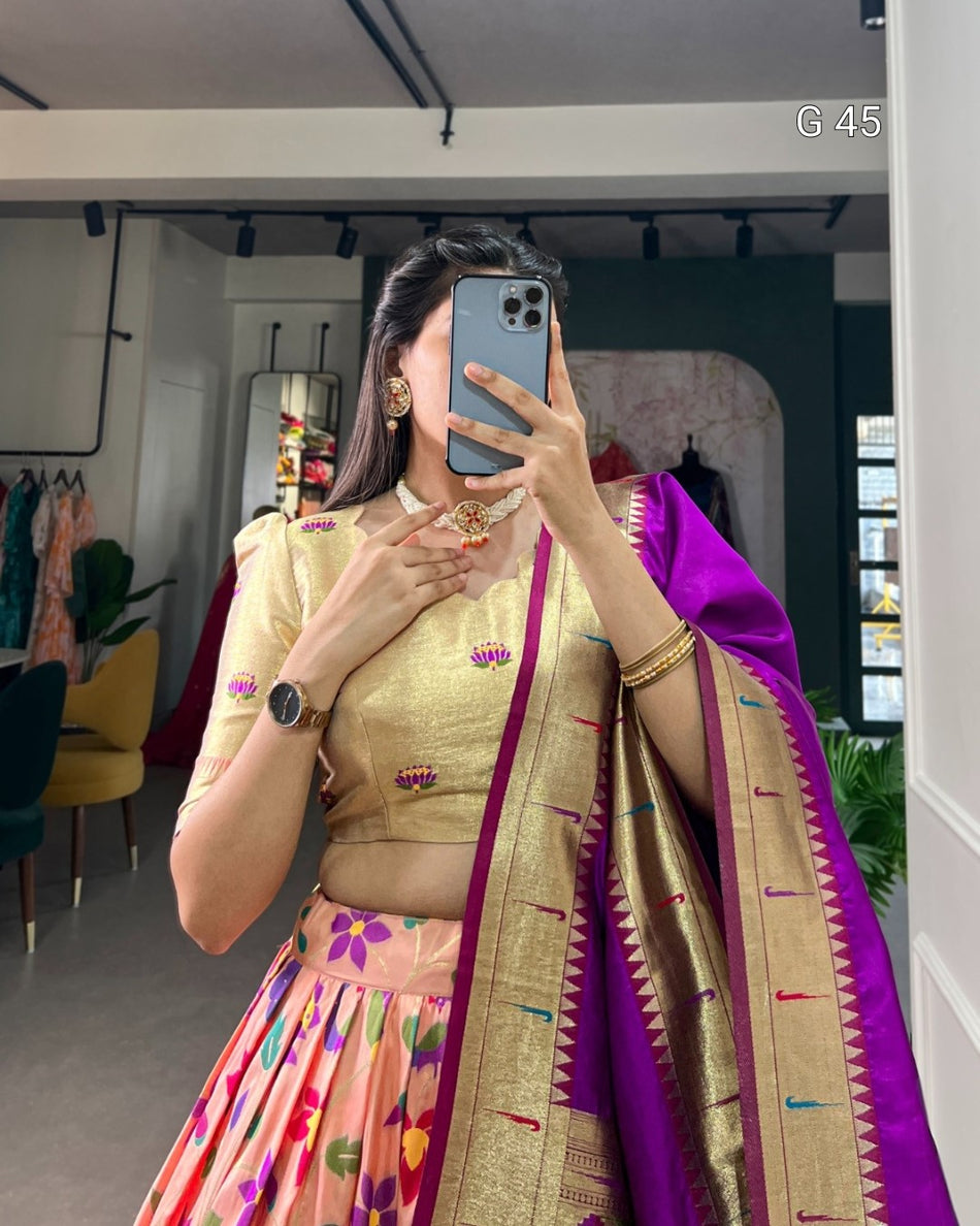 Jacquard Silk Paithani Lehenga with Zari Weaving Work & Handmade Tassels-G 45 Peach