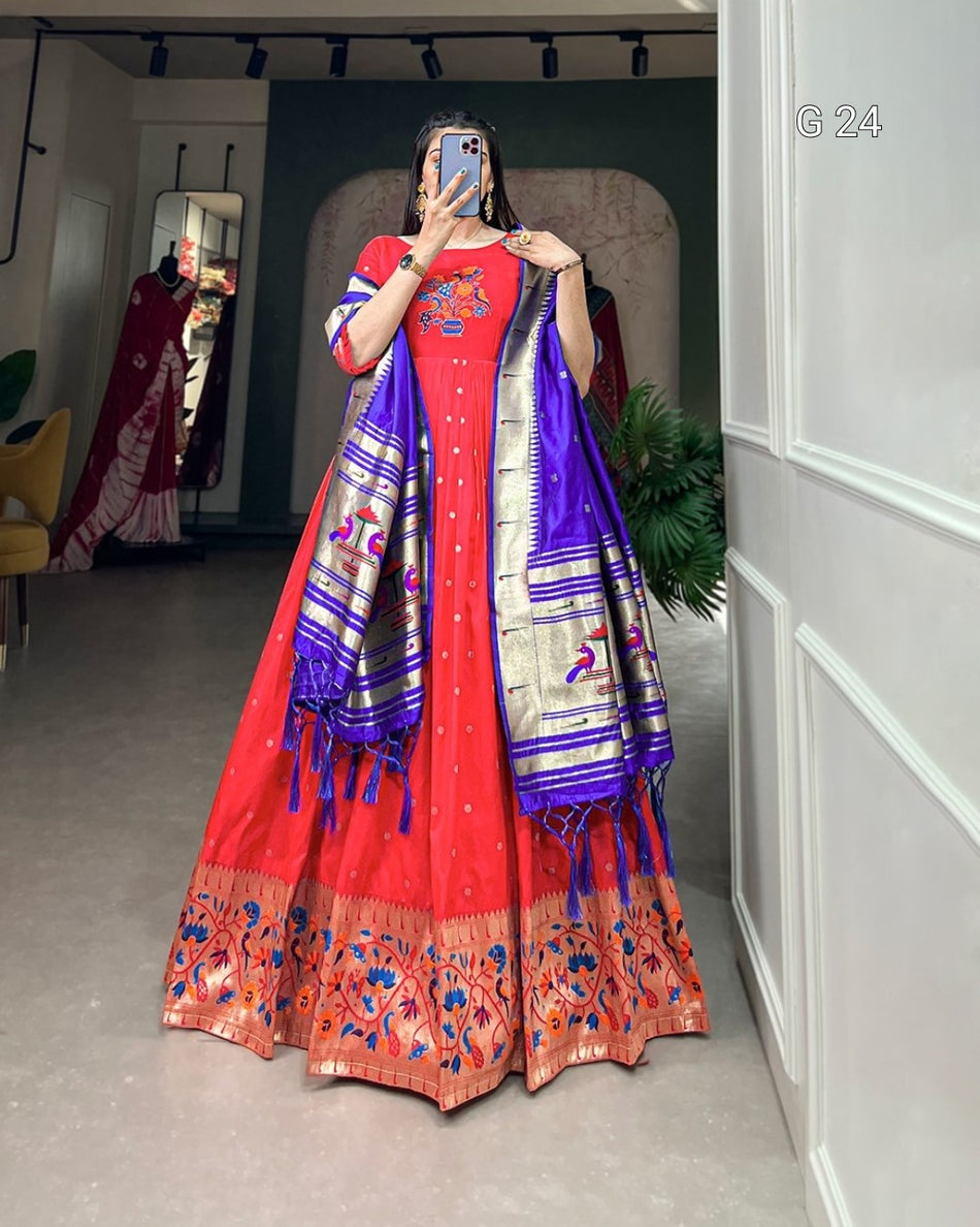Jacquard Silk Gown with Zari Weaving Work – Stitched Gown and Dupatta with Tassels - G 24 Purple, Orange, Pink, Red