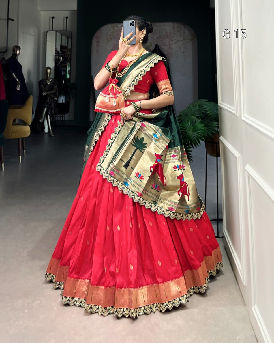 Red Jacquard Silk Lehenga with Zari Weaving & Sequins Work – G 15 Red