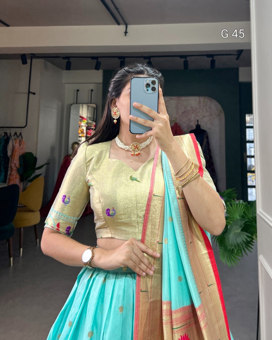 Jacquard Silk Paithani Lehenga with Zari Weaving Work & Handmade Tassels – G 45 Sky Blue