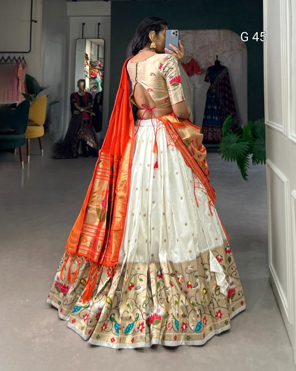 Jacquard Silk Paithani Lehenga with Zari Weaving Work & Handmade Tassels – G 45 White