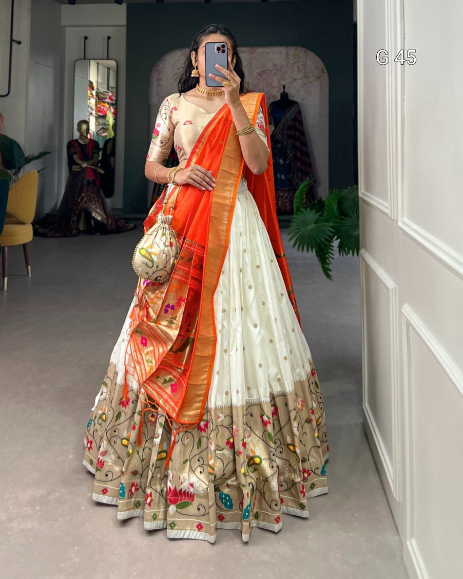Jacquard Silk Paithani Lehenga with Zari Weaving Work & Handmade Tassels – G 45 White
