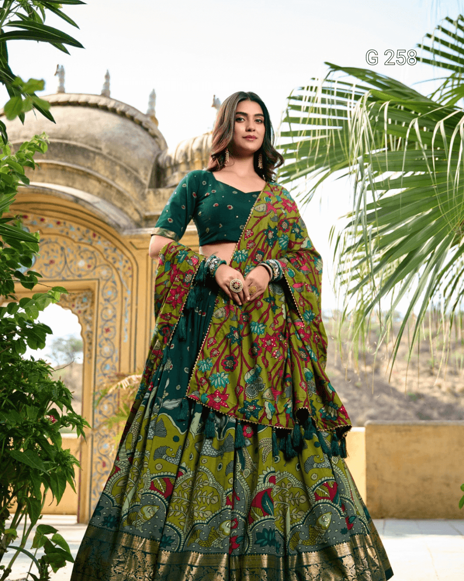 Kalamkari Print Tasar Silk Lehenga with Foil Work Border – G 261 Green