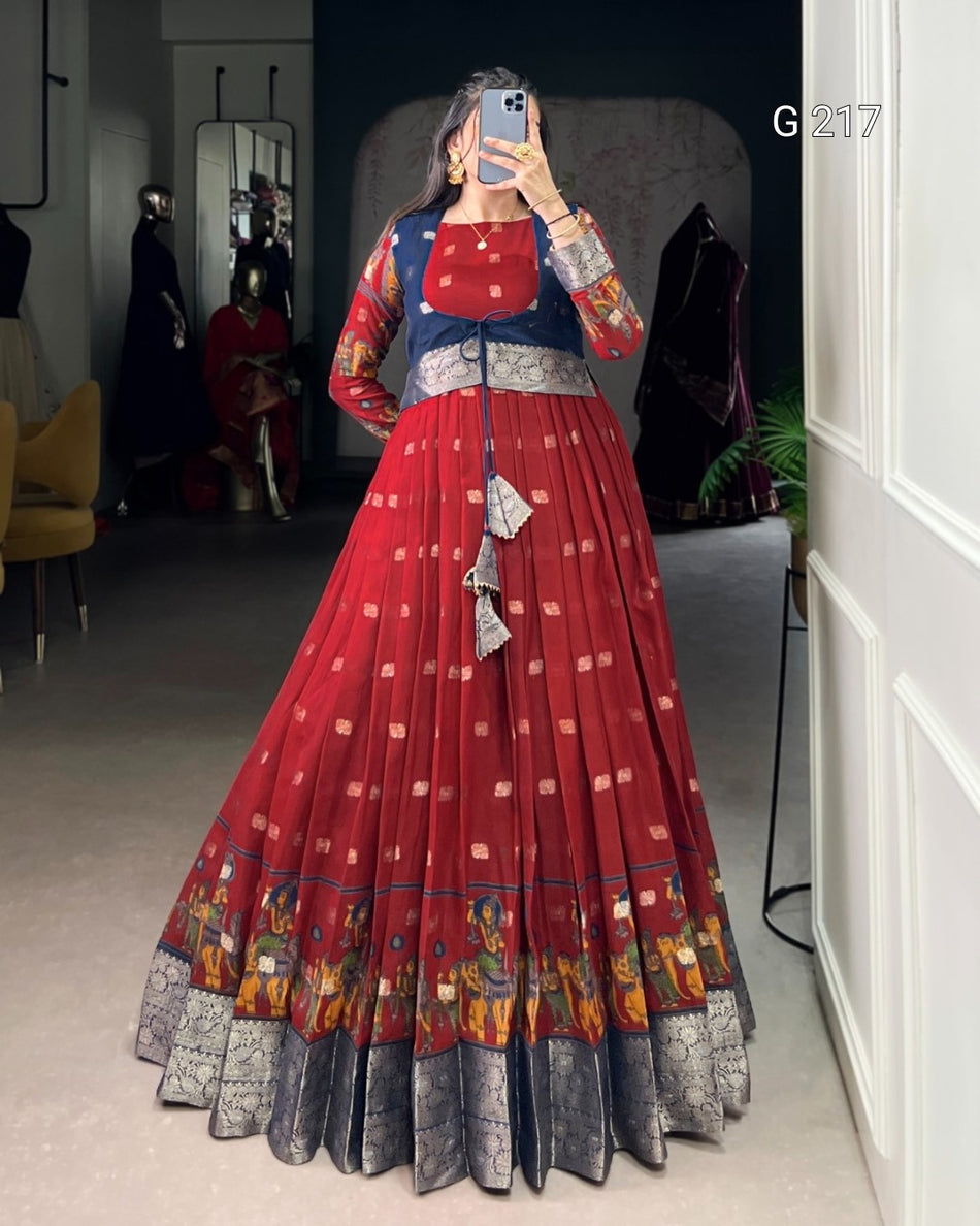 Kalamkari Print Poly Cotton Gown with Zari Weaving Work Border – G 217